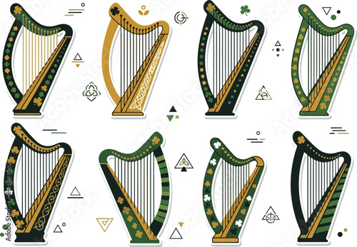 Eight decorative Irish harps on white Each harp has a unique color scheme and ornamentation with shamrocks and Celtic knots