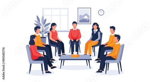 Diverse group of people in a support meeting, sitting in chairs and talking, in a looping animation about group therapy.
