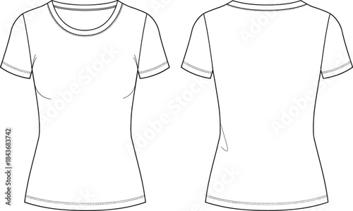 Fitted Women's Crewneck T-Shirt Technical Fashion Illustration, Front and Back Views, Short Sleeves, Ribbed Neck Trim, Basic Tee Design Vector Template.