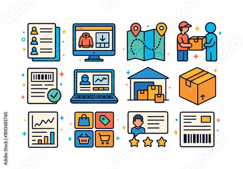 Colorful Dropshipping Icons. Dropshipping. Colorful isometric ve
