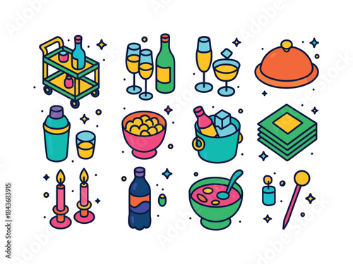 Colorful Party Icons. Party Setup. Colorful isometric vector ico