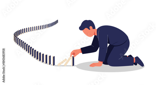 Man carefully setting up a long line of dominoes, representing cause and effect, in a looping animated illustration.