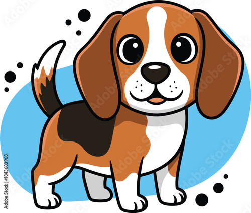 Adorable cartoon beagle puppy standing on white