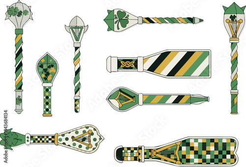 Nine cartoonstyled Irish themed staffs are arranged in a symmetrical pattern on a white background