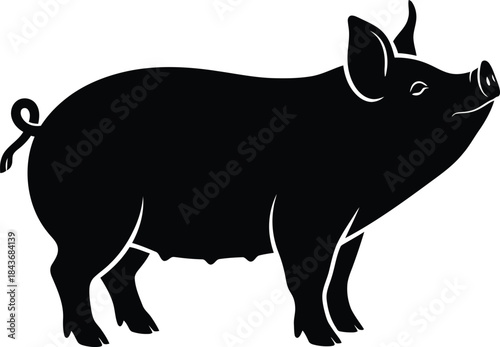 Black silhouette of a pig on white background isolated on white background