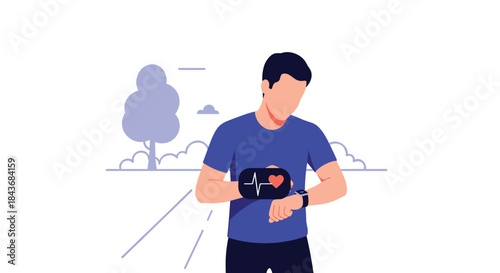 Man checking his heart rate on a smartwatch after running outdoors in a seamless loop animation about fitness technology.