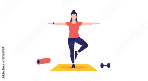 Young woman in sportswear practicing yoga in the tree pose for balance and wellness on a mat with fitness equipment.