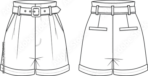 High-Waisted Shorts Technical Fashion Illustration, Front and Back Views, Wide Buckled Belt, Rolled Cuff Hem, Pleat Detail, CAD Drawing Apparel Vector Template.
