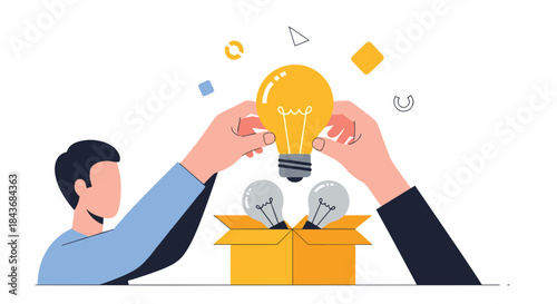 Collaborative effort of two people picking a great, innovative idea represented by a lit lightbulb out of a box of ideas.