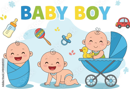 Colorful baby boy illustrations with stroller and toys isolated on white background