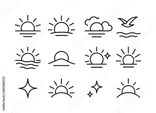 Minimal Sunrise Icons. Sunrise. Line icon set of sunrise: rising