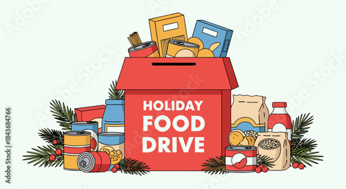 Holiday Food Drive Box Filled with Canned Goods and Snacks for Charity Events, Community Awareness, Seasonal Campaigns, and Social Media Promotions