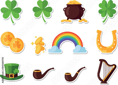 St Patricks Day clovers gold pot rainbow horseshoe hat pipes harp
