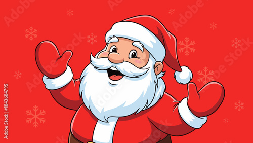 Cheerful Santa Claus in Red Mittens Spreading Holiday Joy on Bright Red Background for Christmas Cards, Festive Blogs, Seasonal Greetings, and Social Media Celebrations