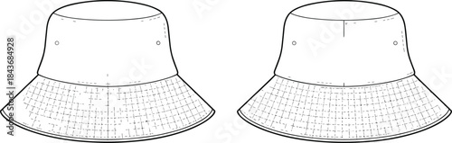 Reversible Bucket Hat Technical Drawing Fashion Flat Sketch Vector Template Apparel Design Details Front Back Views Crown Brim Vents Accessory Headwear Casual Style Seasonal Protection