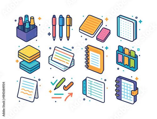 Colorful Note-Taking Icons. Note-taking tools. Colorful isometri