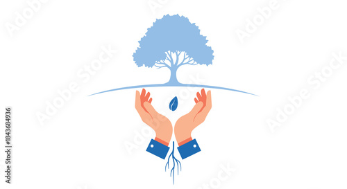 Conceptual illustration of hands nurturing a tree from a seed with roots, symbolizing growth, sustainability, and life cycle.