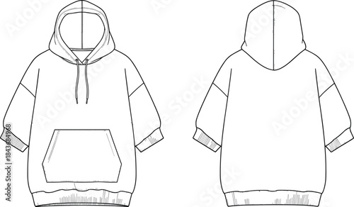 Oversized Short Sleeve Hoodie Technical Fashion Illustration, Front and Back Views, Kangaroo Pocket, Drawstring Hood, Ribbed Hem and Cuff, CAD Drawing Vector Template.