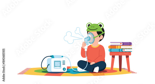 Young boy with a cute frog hat receiving respiratory therapy at home using a medical nebulizer for asthma treatment.