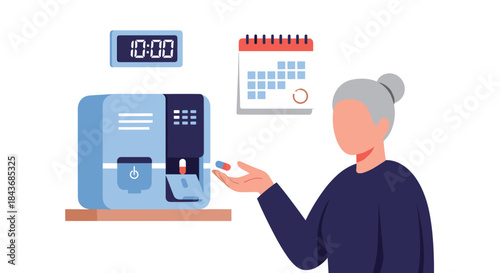 Elderly woman using an automatic pill dispenser to manage her daily medication schedule for better health management.
