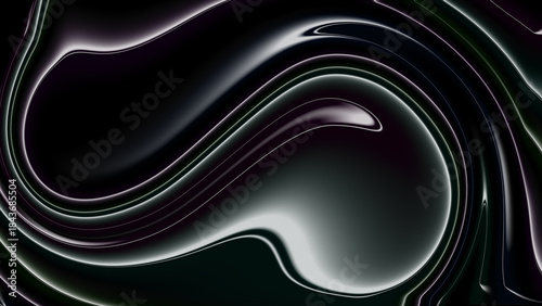 Abstract swirling dark liquid with metallic highlights and subtle iridescent colors creating a fluid and dynamic organic texture for modern design backgrounds