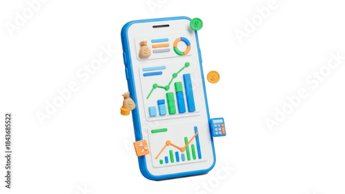 3D cartoon smartphone showing finance app graphs Isolated on Transparent background