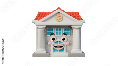3D cartoon bank building with friendly face and pillars Isolated on Transparent background