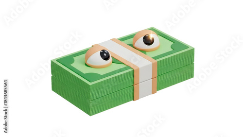 3D cartoon stack of dollar bills with expressive eyes Isolated on Transparent Background