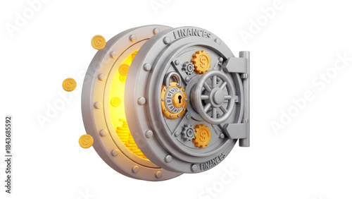 3D cartoon safe vault door open with golden glow Isolated on Transparent background
