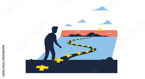Silhouette of a man on a journey following a winding path of positive steps toward achieving his goal, represented by a star.