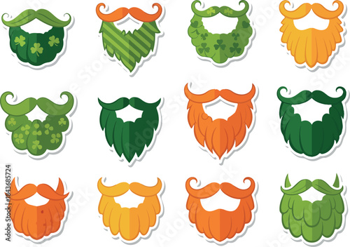 Twelve cartoon beards with mustaches in shades of green and orange some decorated with shamrocks