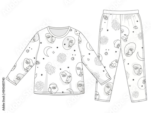 Black and white line art drawing of longsleeved pajama top and pants with celestial and abstract face print