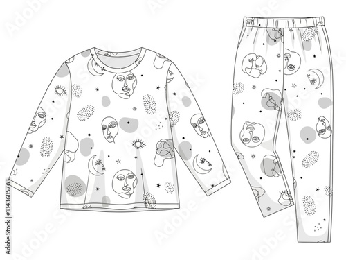 Black and white line art illustration of a longsleeved pajama set with abstract faces and celestial motifs