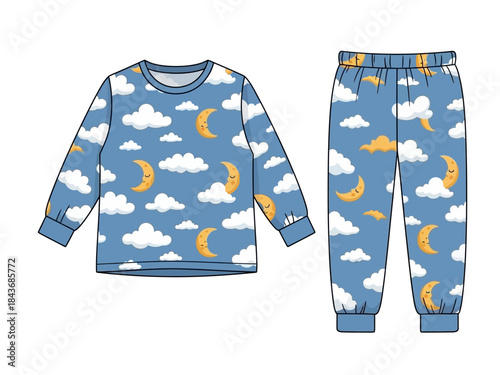 Blue childrens pajama set with cloud and smiling crescent moon pattern