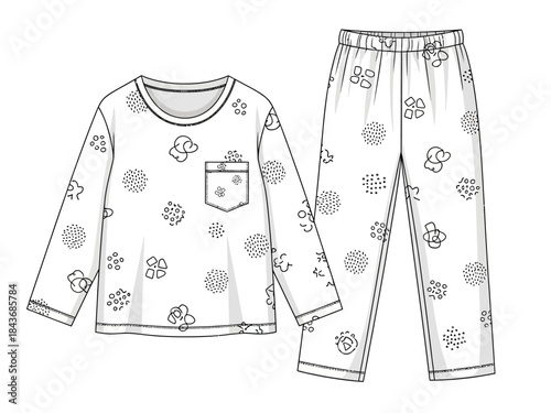 Black and white line drawing of a longsleeved pajama set with scattered abstract patterns