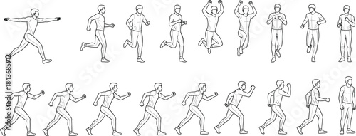 Running jumping pose, male figure motion, athletic movement, sprint sequence, posture study, line drawing, flat vector illustration