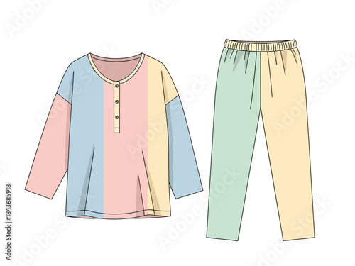 Flat illustration of a twopiece colorblocked pajama set with henley top and drawstring pants