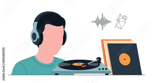 Person wearing headphones and enjoying music from a vintage vinyl record player, with abstract sound waves in the background.