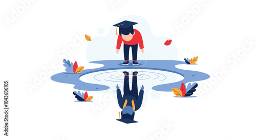 Recent graduate in a cap and gown looking at their reflection in the water, contemplating their future and achievements.