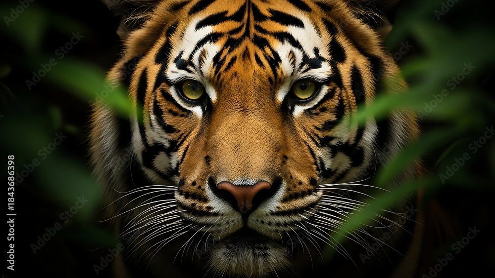 Fototapeta premium Closeup of a tiger in the wild jungle with intense eyes
