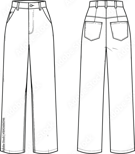 Women wide leg jeans technical flat sketch, front back view fashion illustration, high waist denim pants design drawing, casual apparel garment outline vector