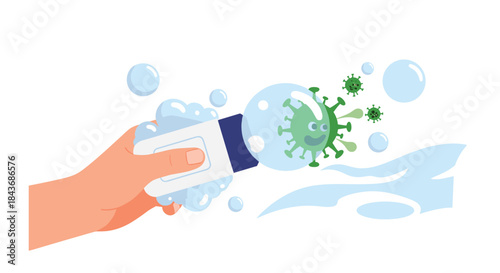 Hand using a bar of soap with foam to wash away and protect against cartoon virus germs, promoting good hygiene habits.