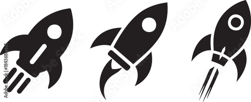Three black rocket ship icons in different stages of launch