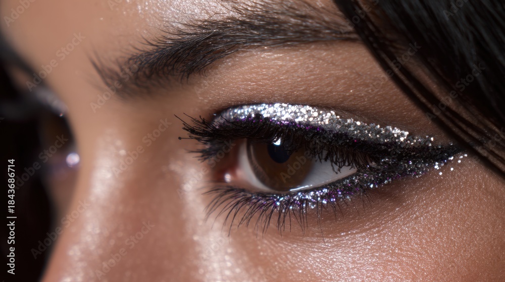 Fototapeta premium Close-Up of Beautiful Eye Makeup Featuring Sparkling Glitter and Dramatic Eyeliner for Glamorous Look