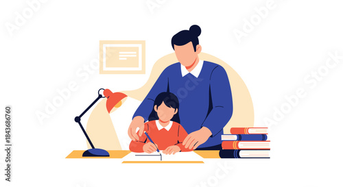 Supportive father helping his young daughter with her homework, guiding her hand as she writes at a desk with a lamp.