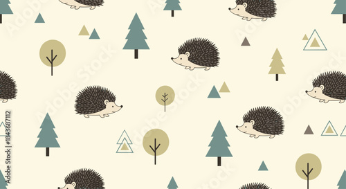 Playful hedgehogs roam beneath stylized trees and scattered geometric shapes in a gentle woodland pattern on a warm cream background.