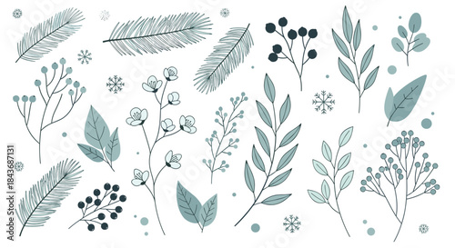 Winter botanical pattern featuring blue-green leaves and delicate snowflakes arranged in a graceful decorative composition for nature inspired design.