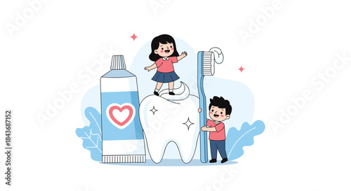 Children and a playful boy brush teeth beside a large tooth illustration with a toothpaste tube and a toothbrush in a cheerful dental care scene for kids.