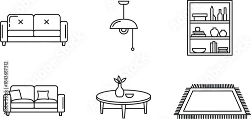 Set of six line art icons representing living room furniture and decor two different sofas, a hanging lamp, a bookshelf, a coffee table with a vase, and an area rug