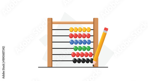 Wooden abacus with colorful beads and a yellow pencil, a traditional tool for learning counting and basic arithmetic.